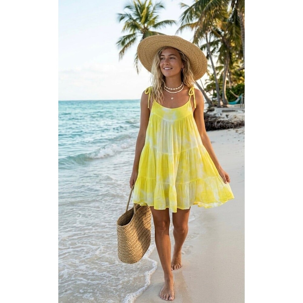 HONORINE Yellow Tie Dye Gauze Tiered Mini Dress XS Sun Dress Beach Bikini Cover - Picture 2 of 9